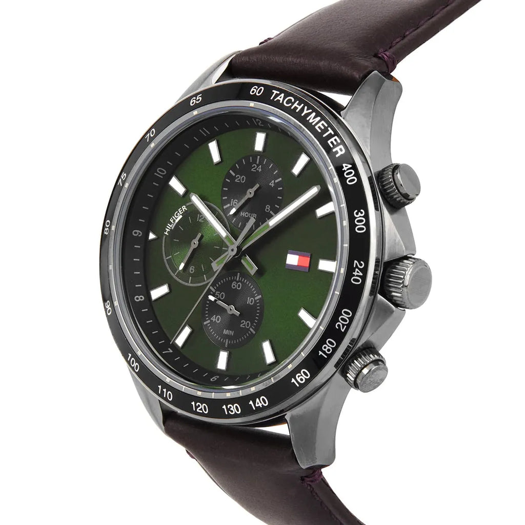 Tommy Hilfiger Miles 1792017 Gunmetal Case Green Dial Brown Leather Men's Watch