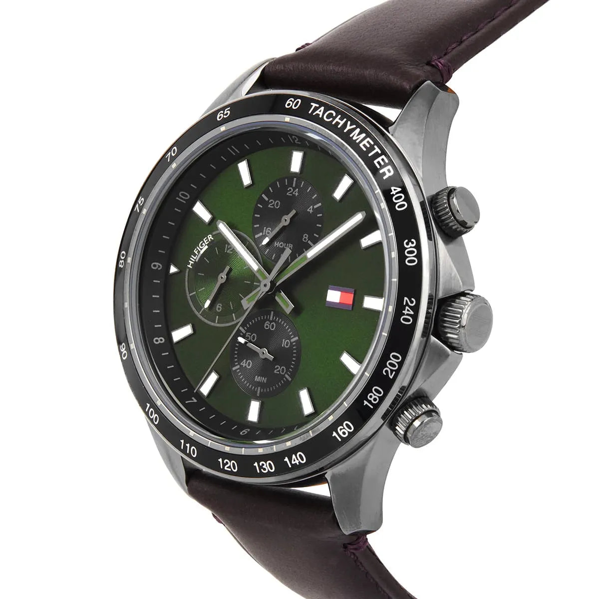 Tommy Hilfiger Miles 1792017 Gunmetal Case Green Dial Brown Leather Men's Watch
