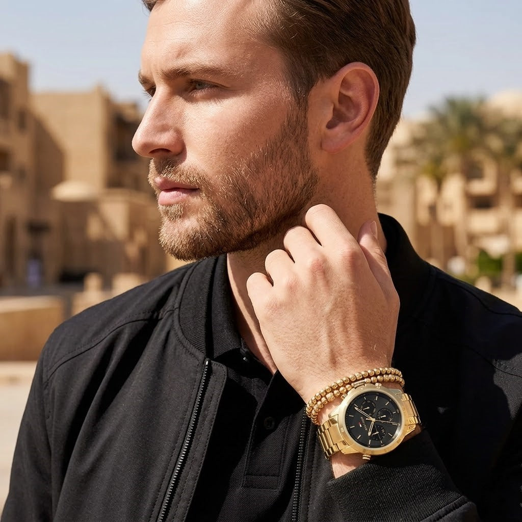 Tommy Hilfiger Troy 1792109 Multi-Function Black Dial Men's Gold-Tone Watch
