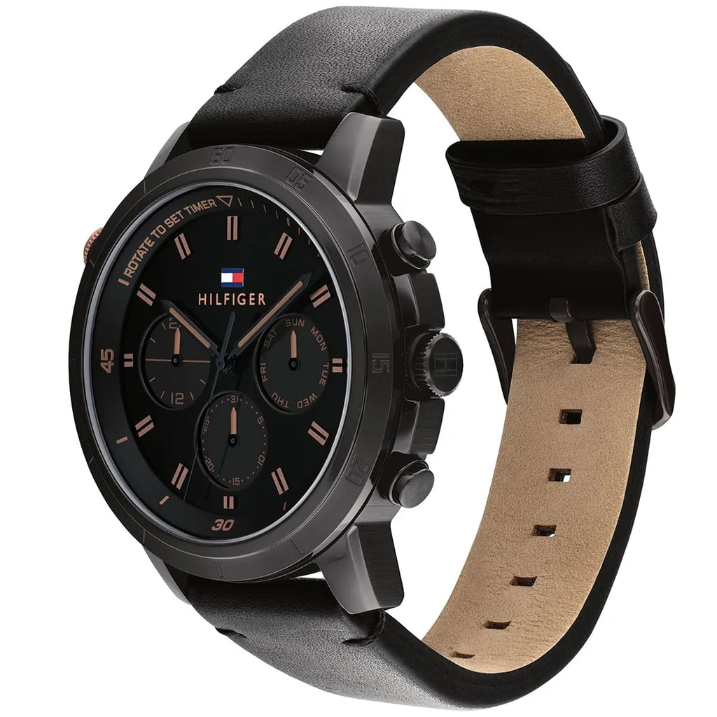 Tommy Hilfiger Troy 1792110 Multi-Function Black Dial Men's Black Leather Watch