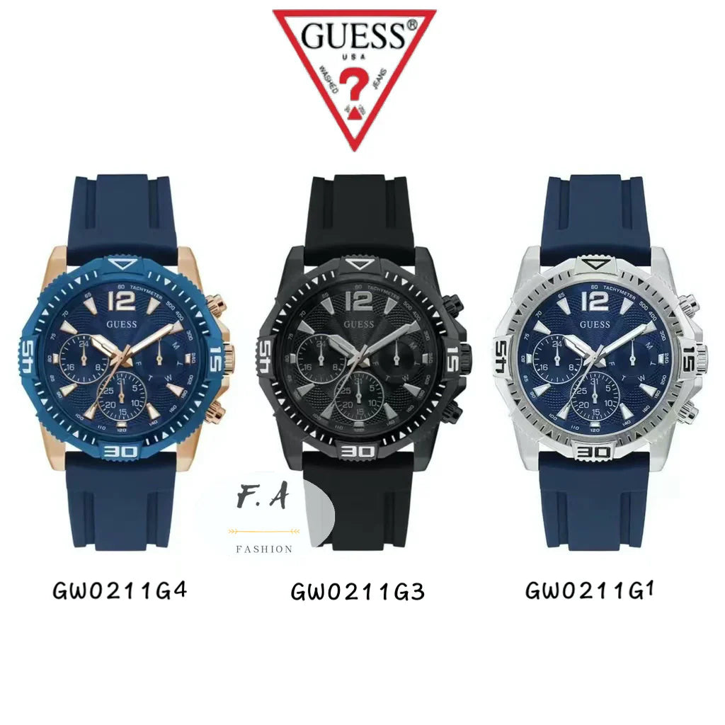 Guess Commander GW0211G1 Silver Case Blue Dial Blue Rubber Strap Men's Watch
