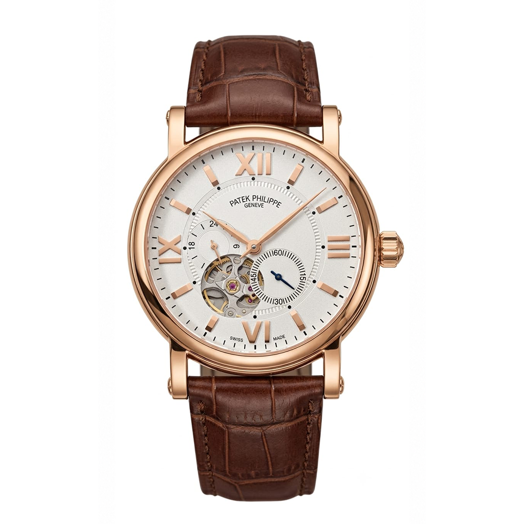Luxury Classic Automatic Skeleton-Style Watch – White Dial, Rose Gold Case & Brown Leather Strap