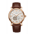 Luxury Classic Automatic Skeleton-Style Watch – White Dial, Rose Gold Case & Brown Leather Strap