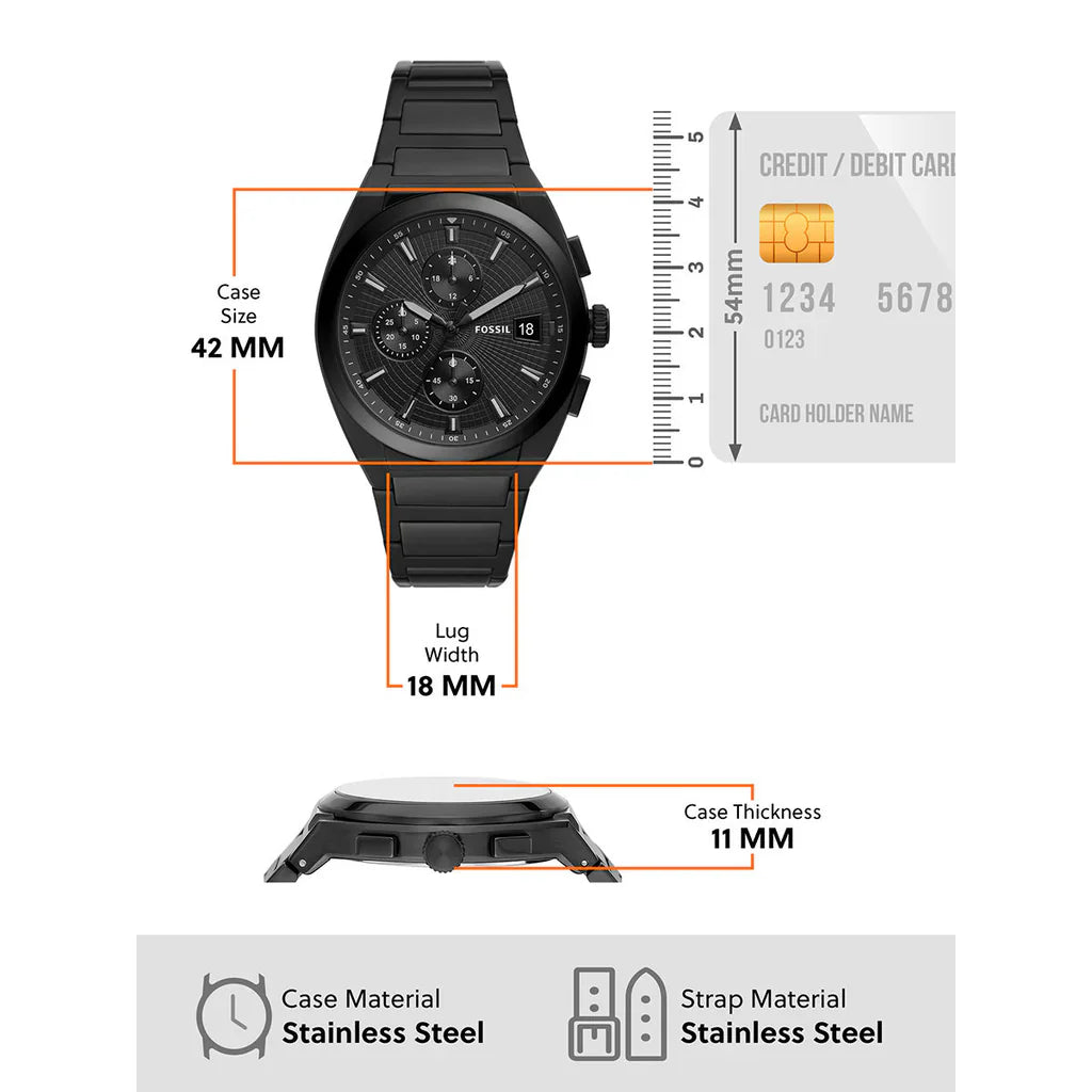 Fossil Everett Men’s Chronograph Watch – Black Stainless Steel with Black Dial | 42mm Bold Design | FS5797