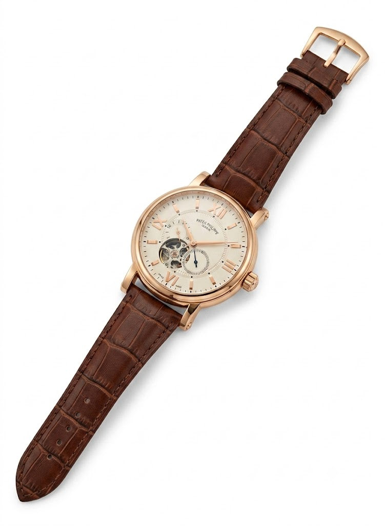 Luxury Classic Automatic Skeleton-Style Watch – White Dial, Rose Gold Case & Brown Leather Strap