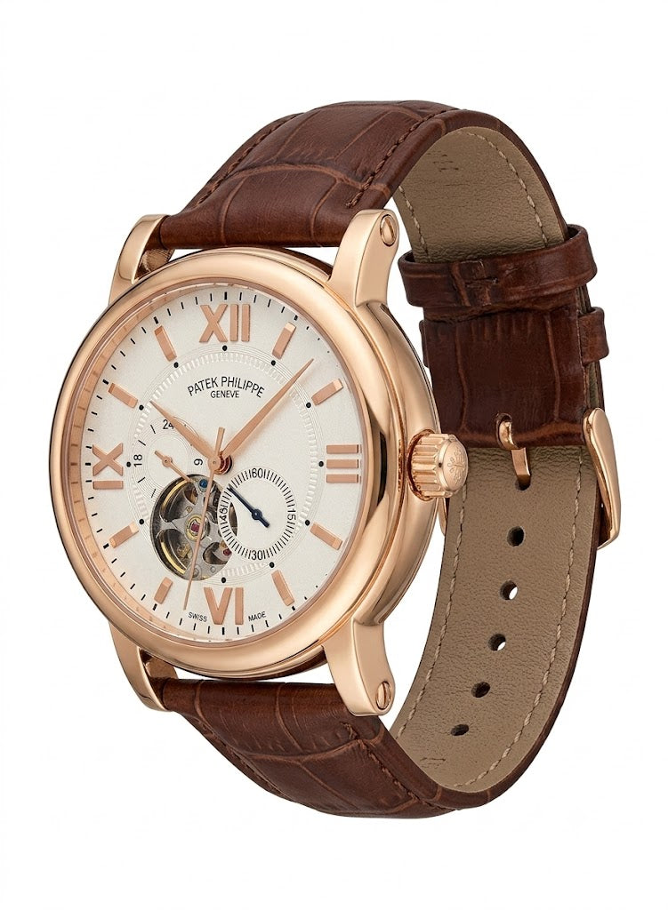 Luxury Classic Automatic Skeleton-Style Watch – White Dial, Rose Gold Case & Brown Leather Strap