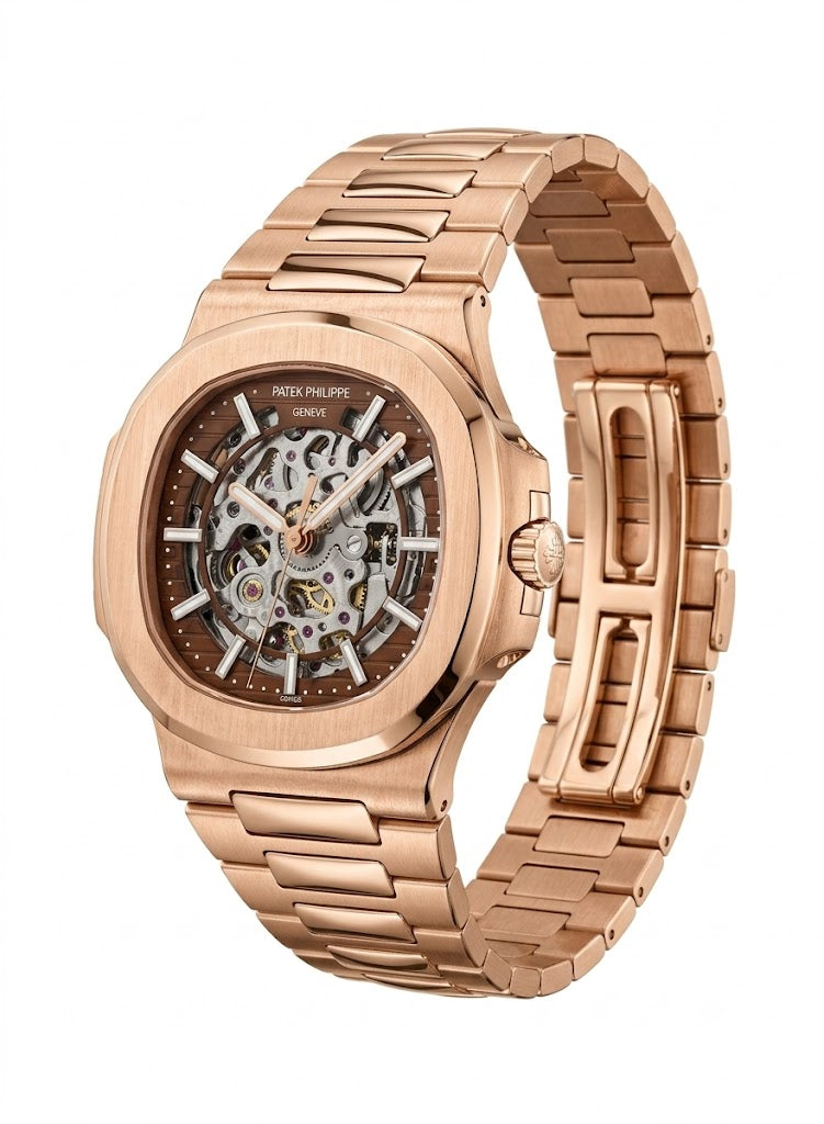 Patek Philippe Patek Philippe Nautilus Skeleton Automatic Watch – Rose Gold Finish, Brown Open-Heart Dial & Integrated Bracelet