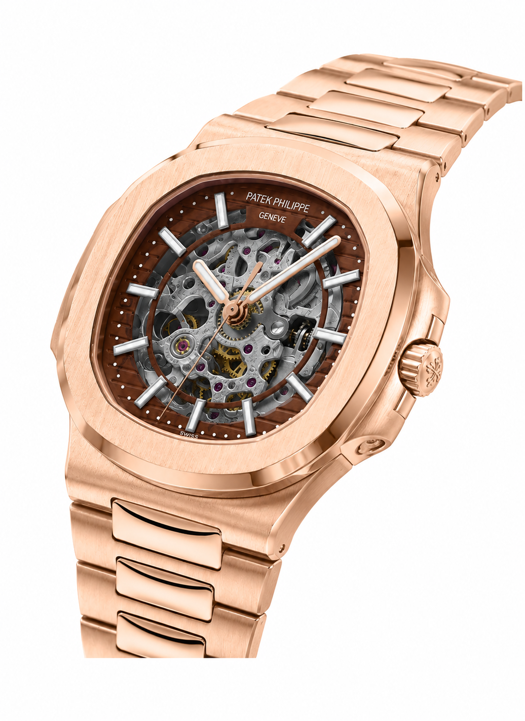 Patek Philippe Patek Philippe Nautilus Skeleton Automatic Watch – Rose Gold Finish, Brown Open-Heart Dial & Integrated Bracelet