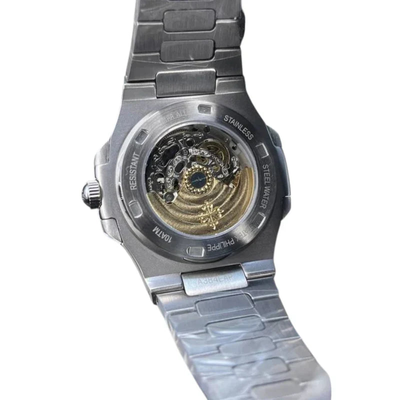 PATEK PHILIPPE CHRONOGRAPH WATCH black WITH STAINLESS STEEL SILVER BELT