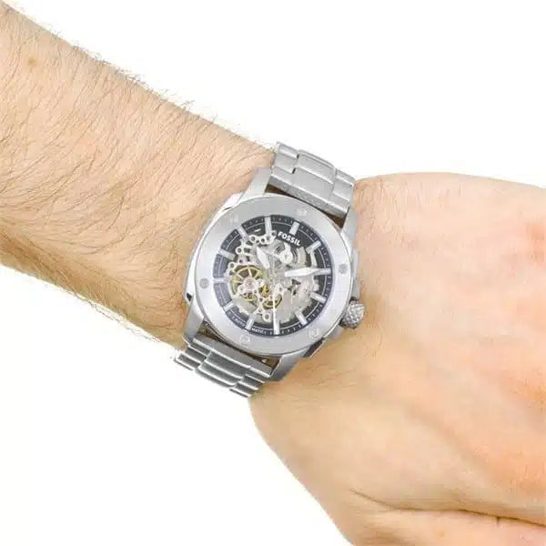 Fossil ME3081 Modern Machine Automatic Watch – Silver Skeleton Dial, Stainless Steel Strap (50mm)