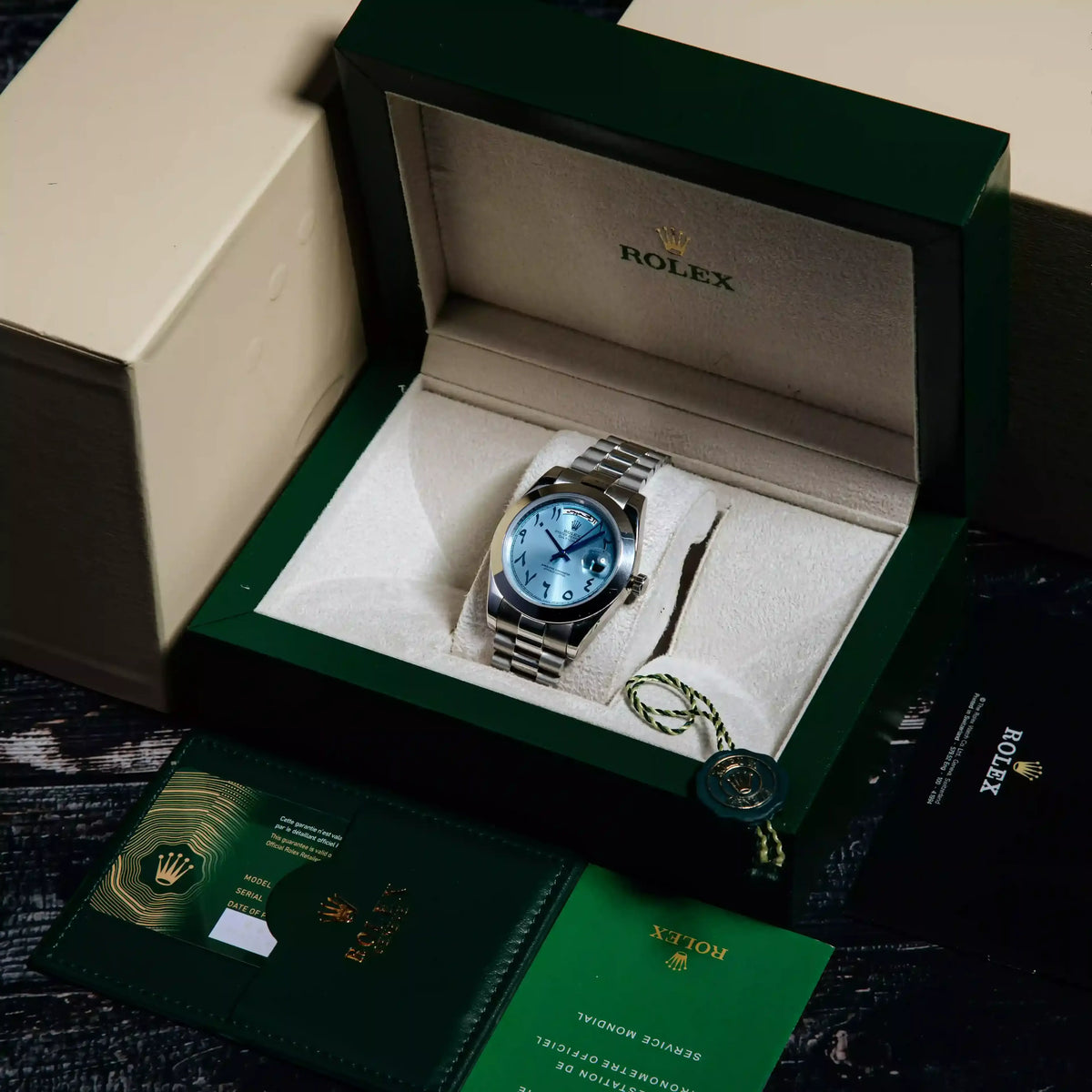 Rolex Day-Date – Light Blue Arabic Dial with Silver President Bracelet