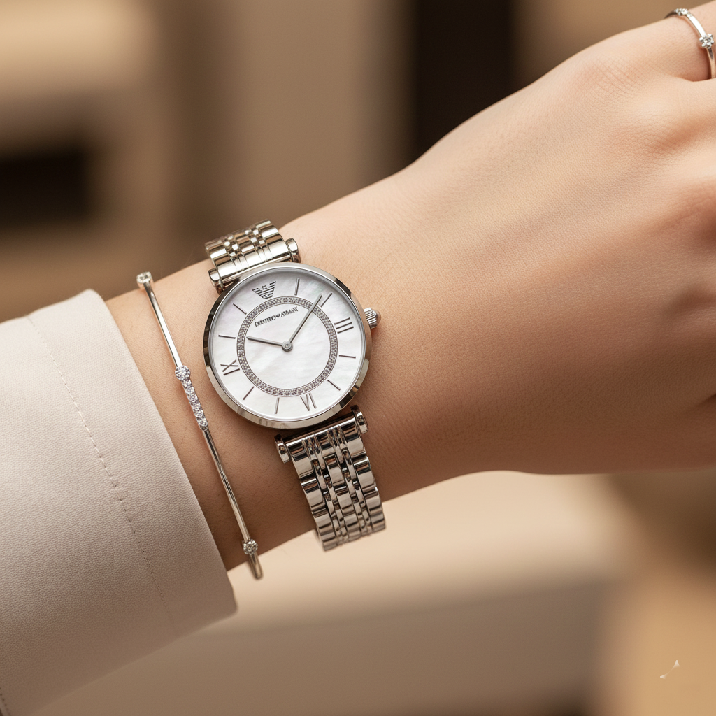 Emporio Armani AR1908 Women’s White Dial Silver Stainless Steel Gianni T-Bar Watch