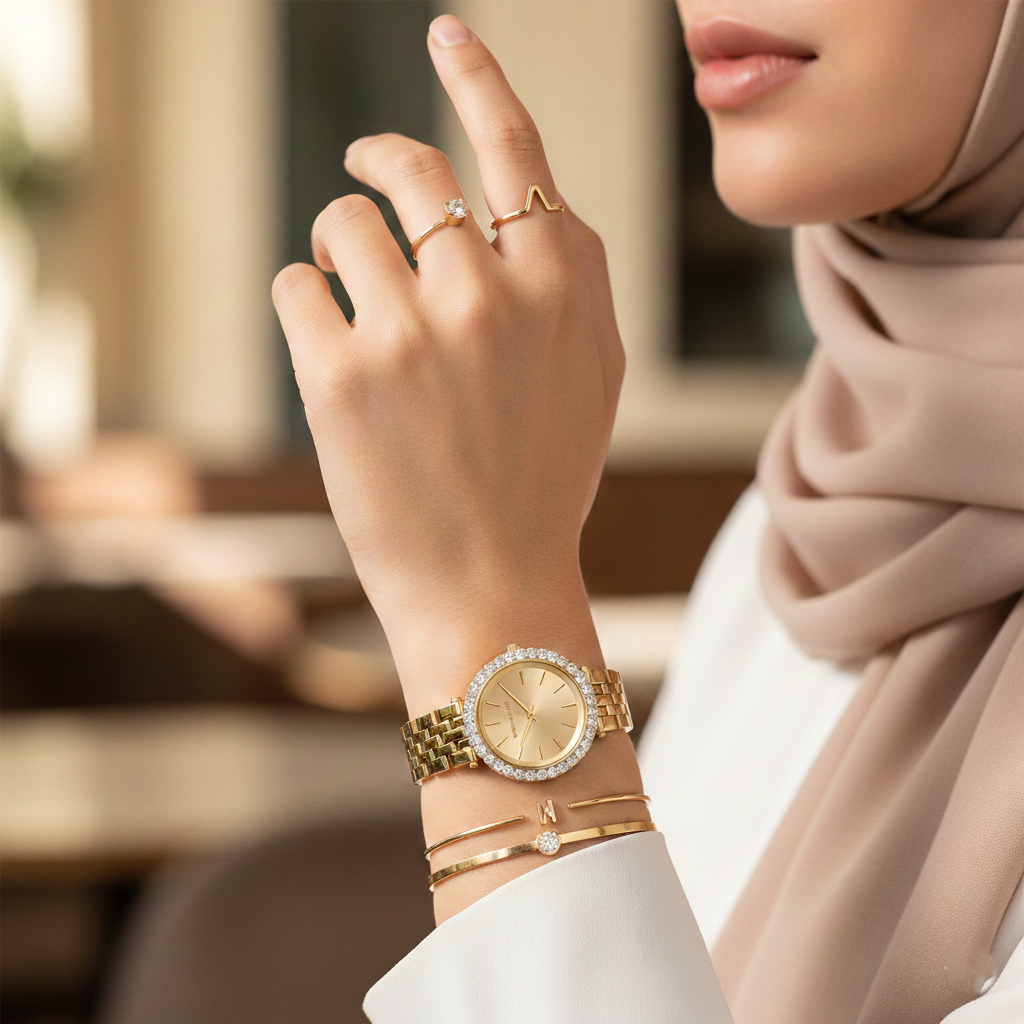 ساعة مايكل كورس MK3365 دارسي ميني نسائية بقرص ذهبي مرصع بالكريستال