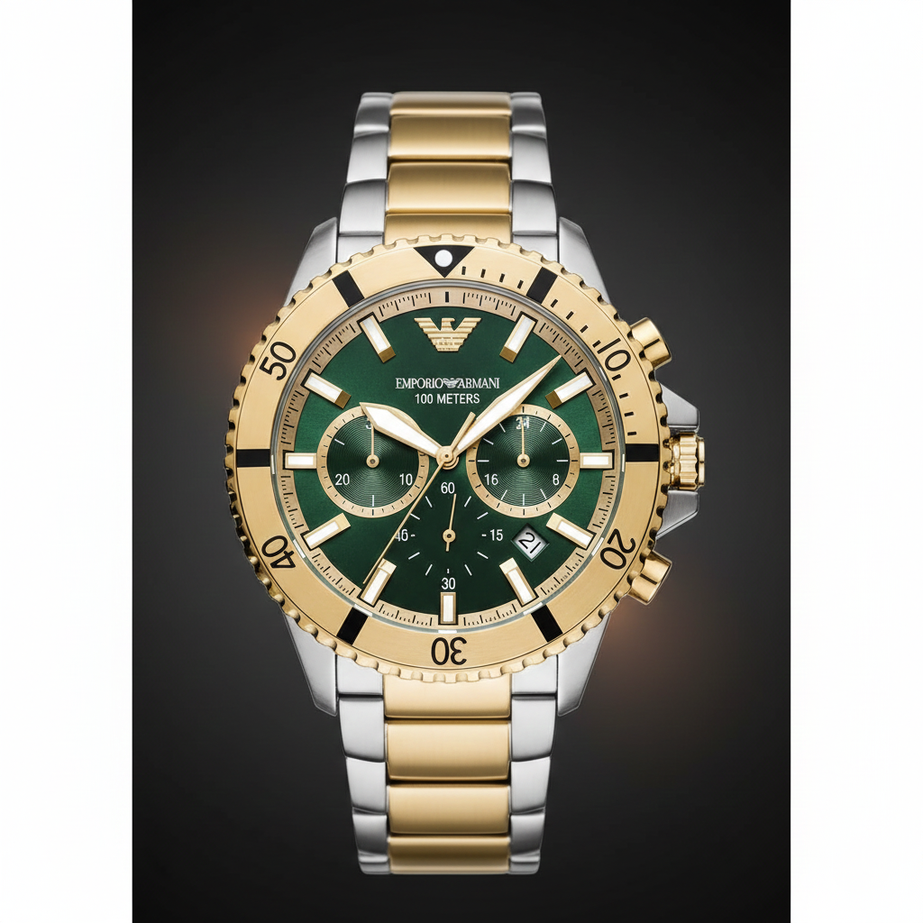 ساعة كرونوغراف Emporio Armani AR11586 للرجال، غواص، مينا أخضر، ستانلس ستيل بلونين