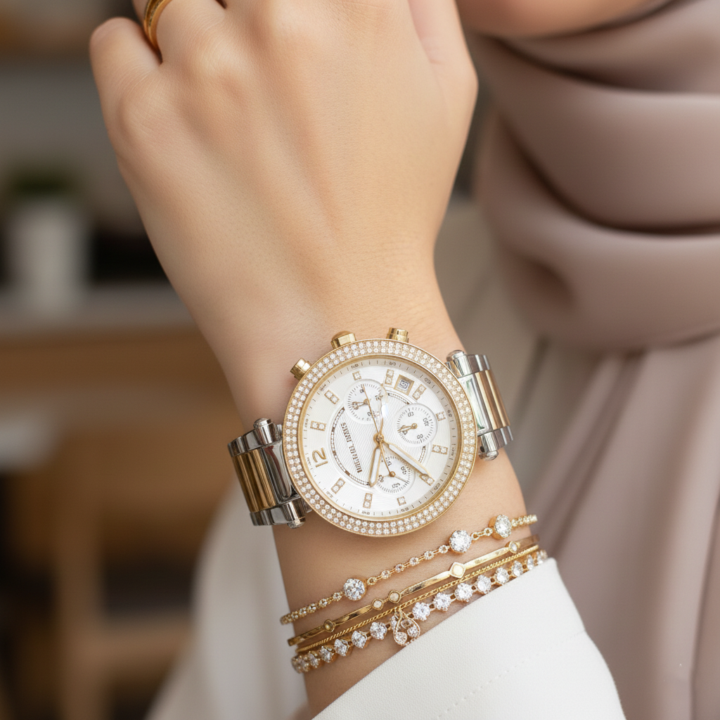 ساعة كرونوغراف مايكل كورس باركر MK5626 نسائية بمينا أبيض ولونين