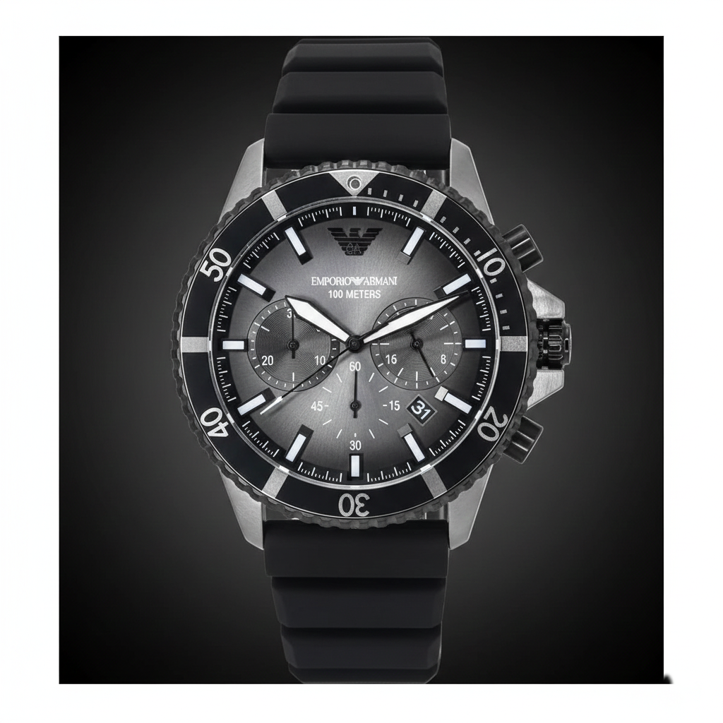 ساعة كرونوغراف Emporio Armani AR11515 للرجال مينا أسود وحزام سيليكون مقاومة للماء