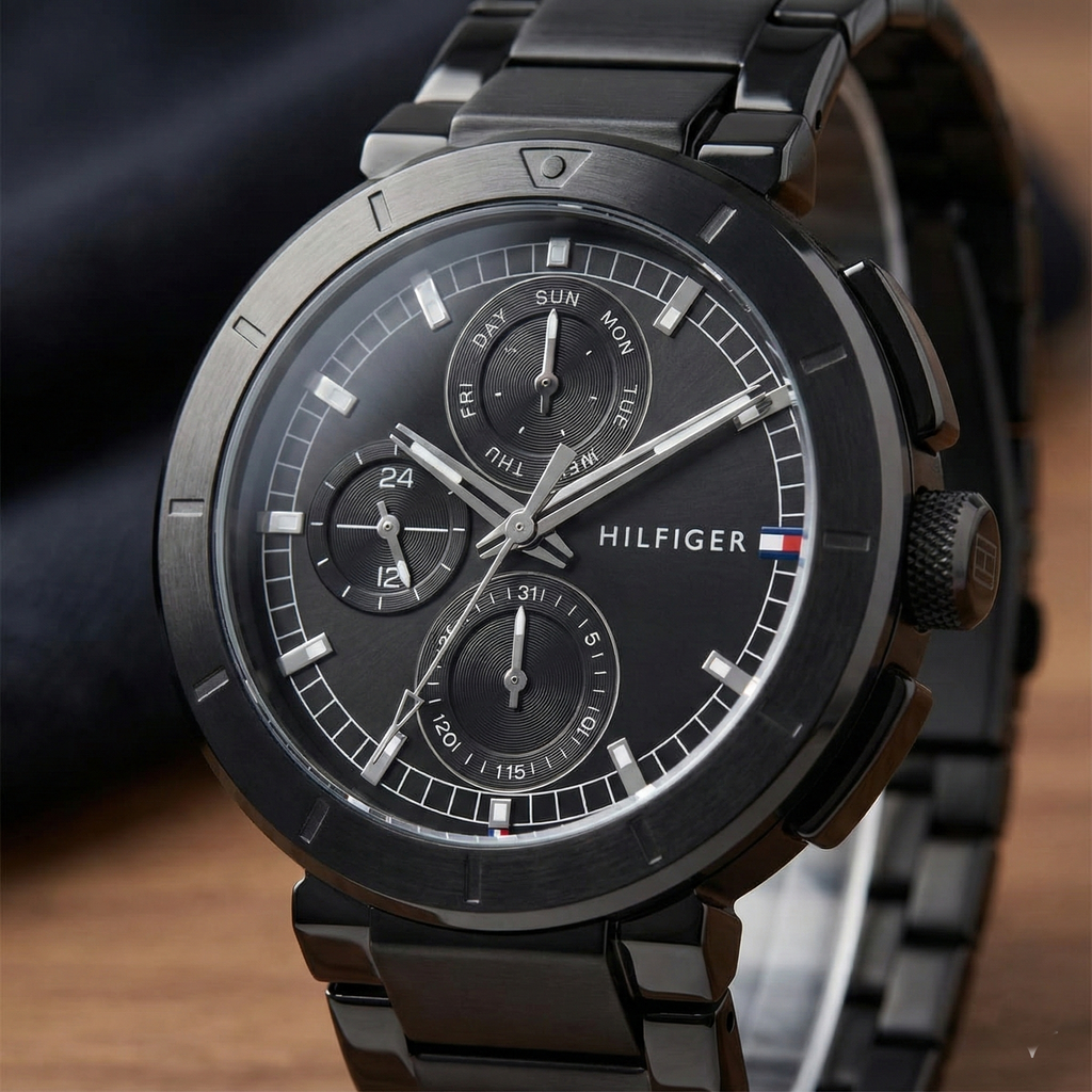 Tommy Hilfiger 1792119 ساعة عملية متعددة الوظائف للرجال - مينا سوداء وسوار أسود من الفولاذ المقاوم للصدأ