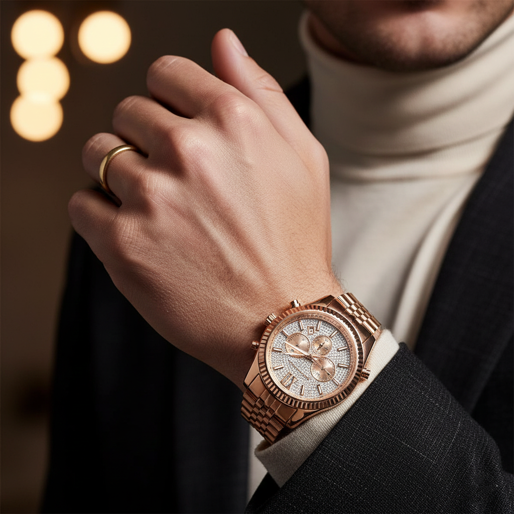 Michael Kors MK8580 Men’s Crystal Dial Rose Gold Stainless Steel Lexington Chronograph Watch