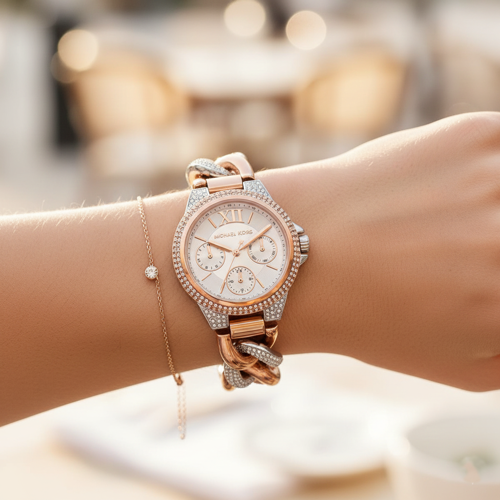 Michael Kors MK6843 Women’s Rose Gold & Silver Mini Camille Crystal Chain-Link Watch