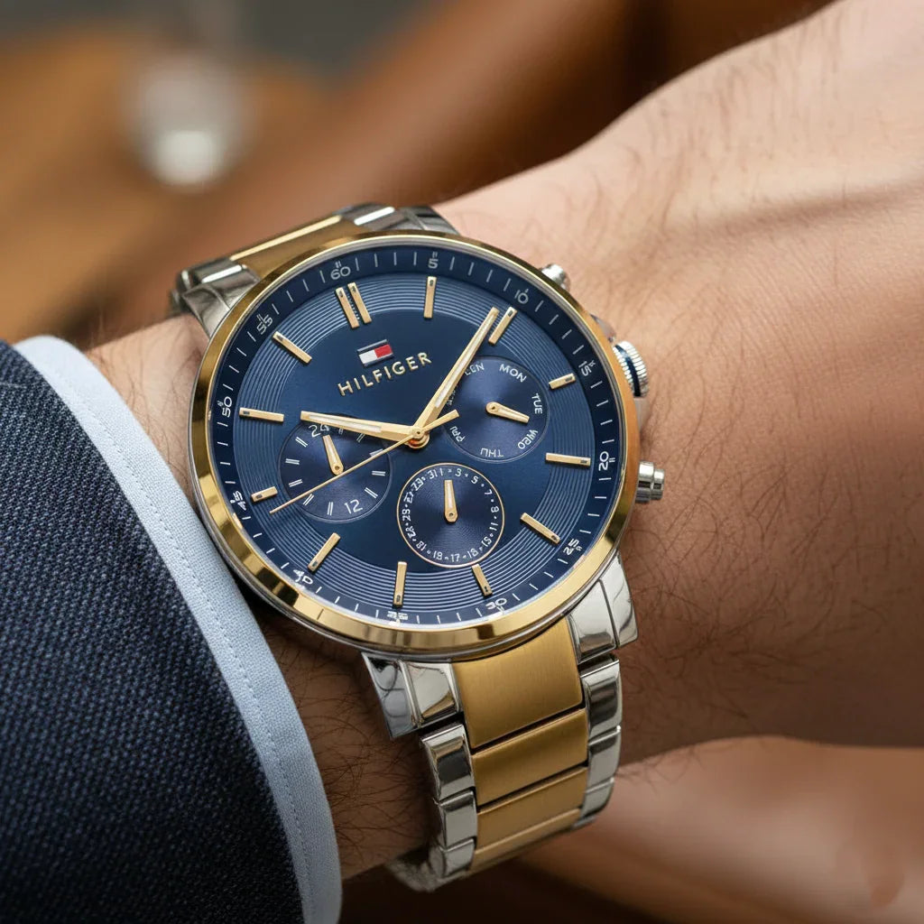 Tommy Hilfiger 1710710 Men’s Multi-Function Watch – Blue Dial & Two-Tone Gold/Silver Stainless-Steel Bracelet
