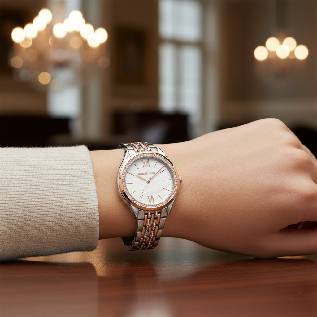 Michael Kors Mindy MK7077 Women’s Mother of Pearl Dial Two-Tone Bracelet Multi-Function Watch
