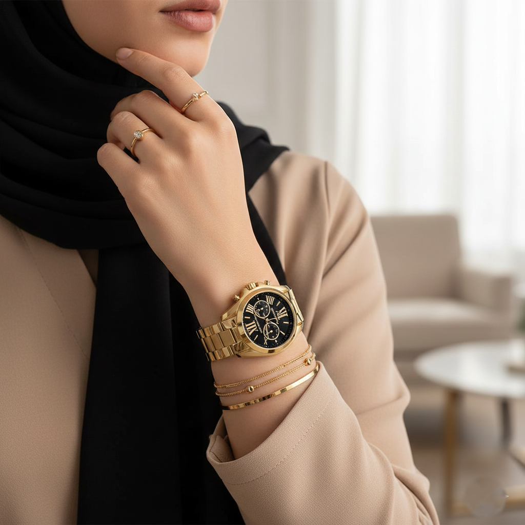 ساعة مايكل كورس MK5739 برادشو كرونوغراف نسائية بسوار ذهبي من الستانلس ستيل ومينا سوداء