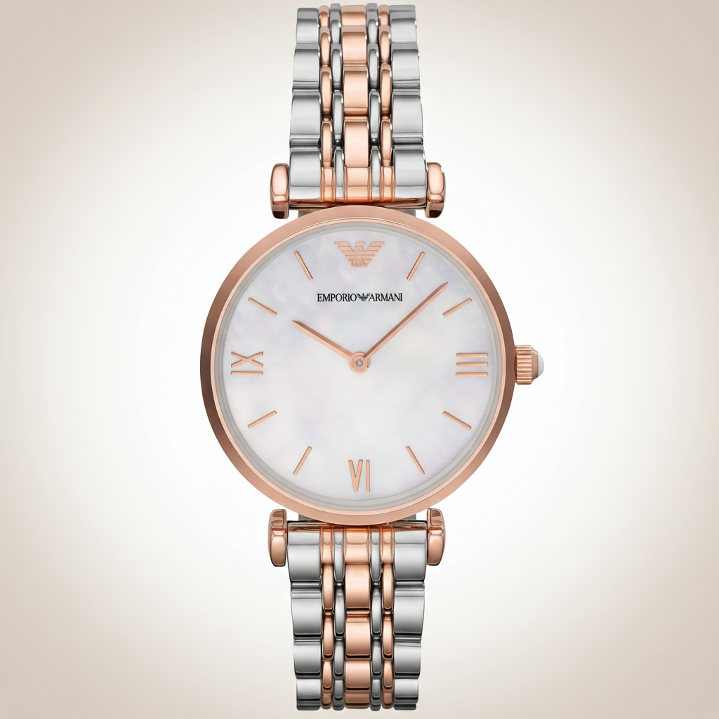 Emporio Armani AR1683 Women’s Mother of Pearl Dial Two-Tone Stainless Steel Gianni T-Bar Watch