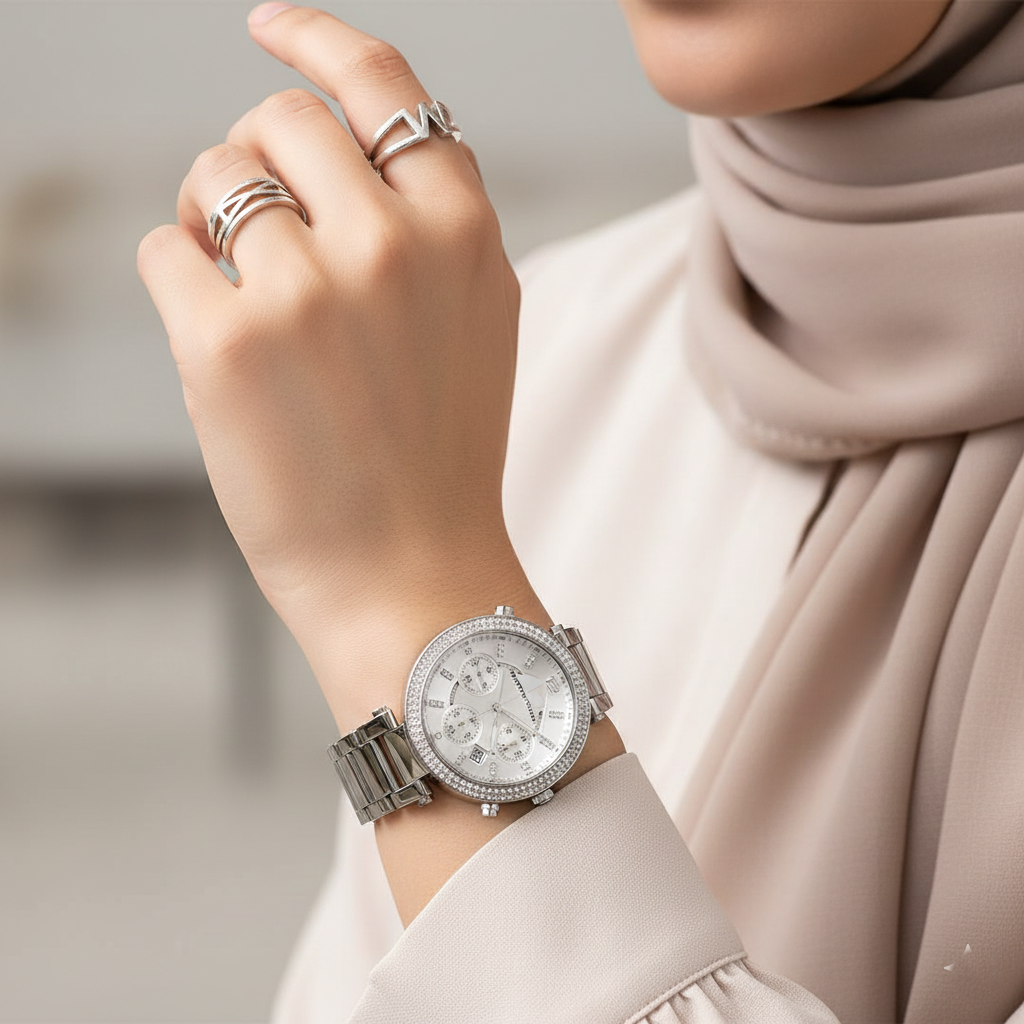 ساعة مايكل كورس باركر كرونوغراف نسائية MK5353 فضية المينا من الستانلس ستيل