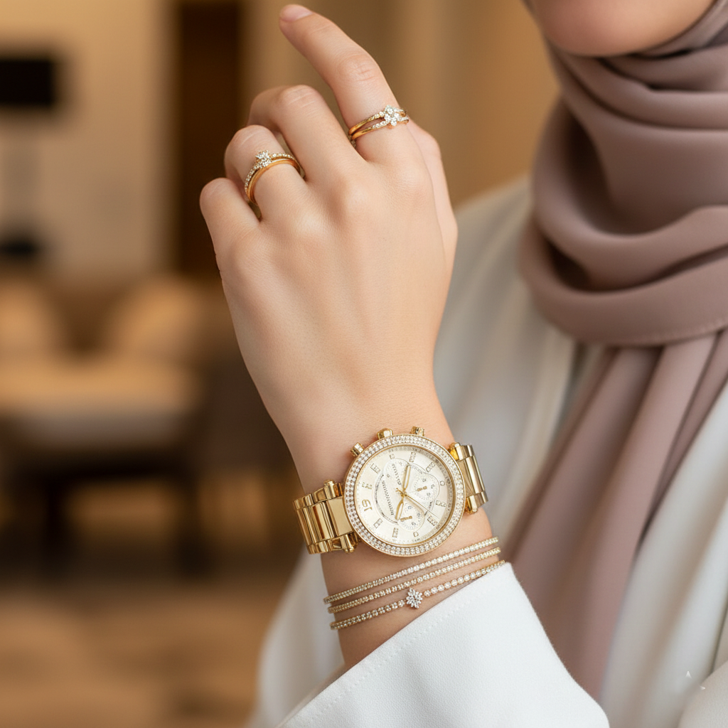 ساعة كرونوغراف مايكل كورس باركر MK5354 الذهبية للنساء بمينا ذهبي وهيكل ذهبي
