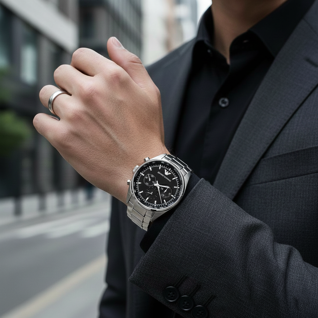 Emporio Armani AR5980 Men’s Black Dial Stainless Steel Tazio Large Chronograph Watch