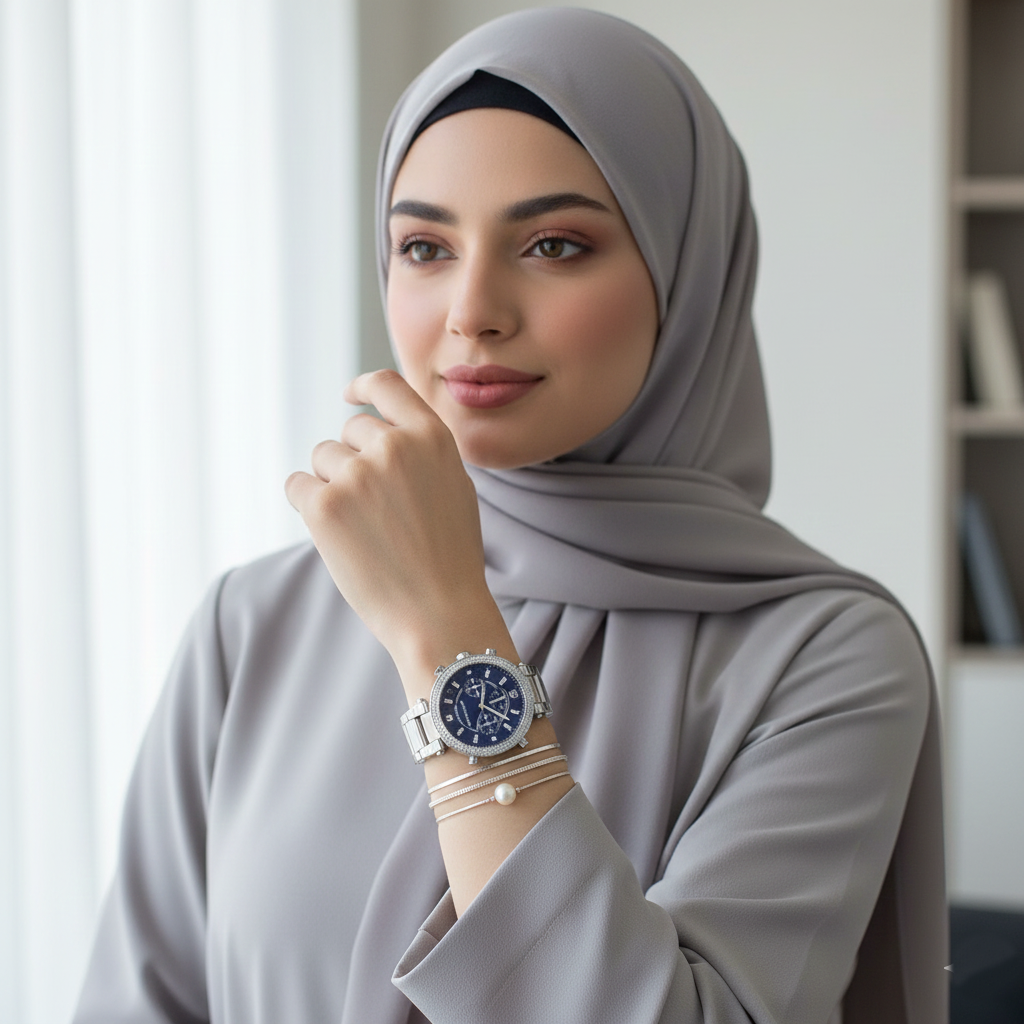 ساعة مايكل كورس MK6117 باركر كرونوغراف نسائية بهيكل من الفولاذ المقاوم للصدأ ومينا أزرق