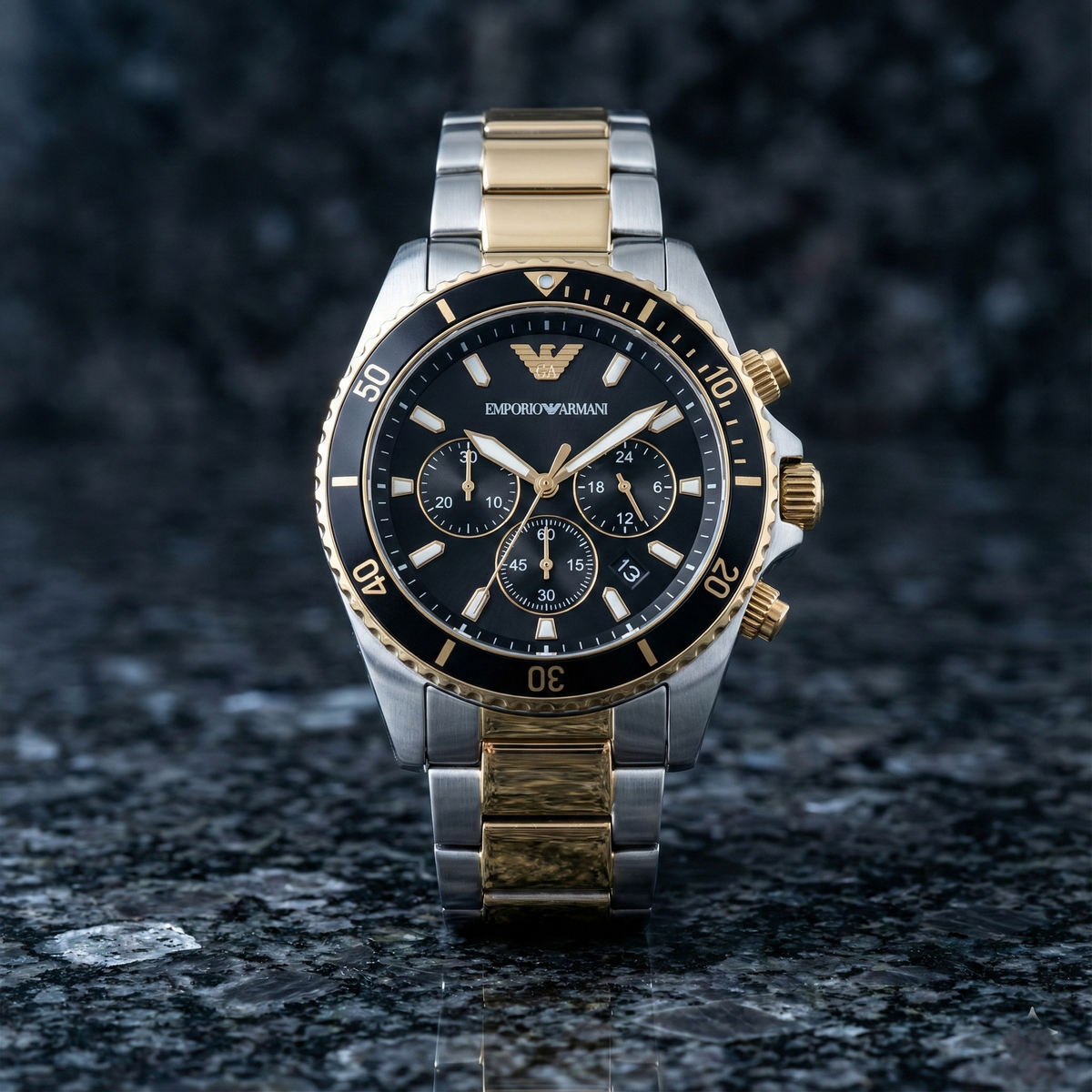 Emporio Armani World Explorer AR11680 Men's Solar Chronograph Black Dial Two-Tone Luxury Watch