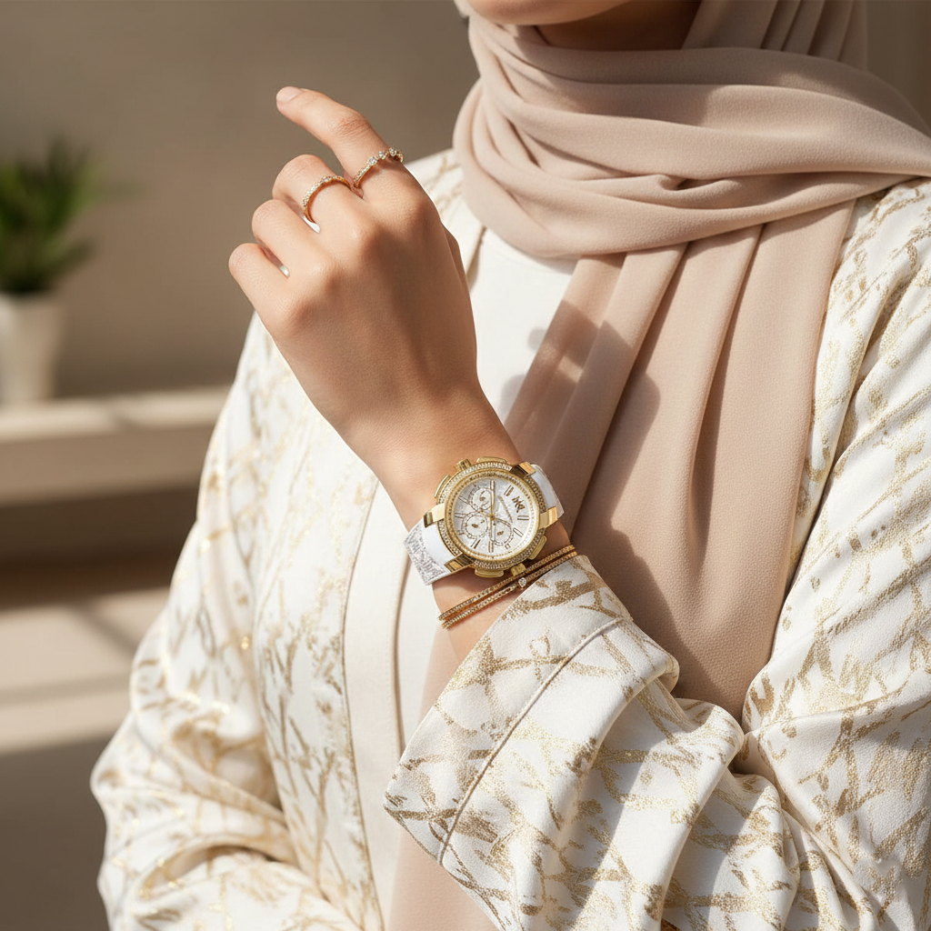Michael Kors MK7221 Women’s White Dial White Logo Strap Gold-Tone Multi-Function Watch