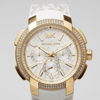 Michael Kors MK7221 Women’s White Dial White Logo Strap Gold-Tone Multi-Function Watch