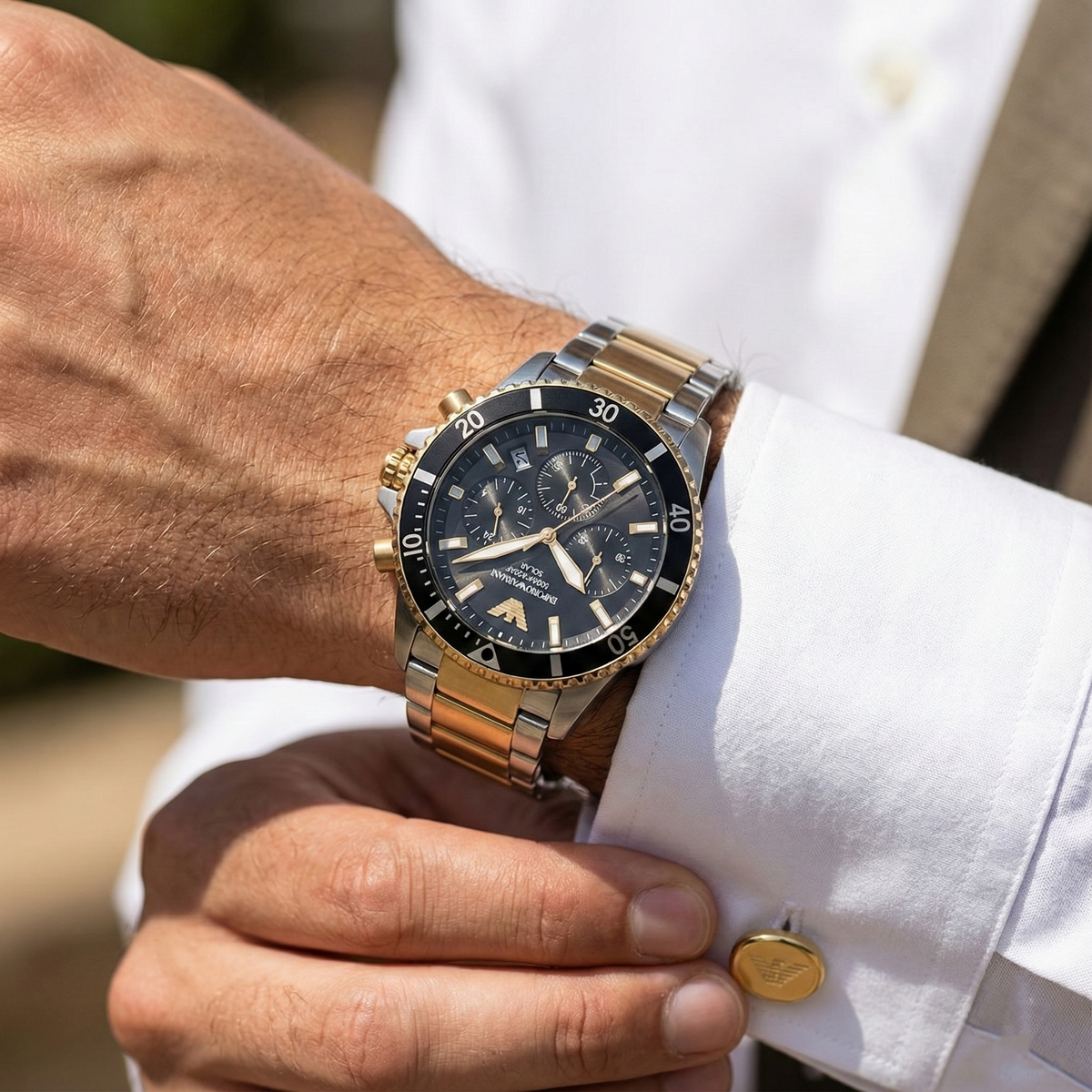 Emporio Armani World Explorer AR11680 Men's Solar Chronograph Black Dial Two-Tone Luxury Watch