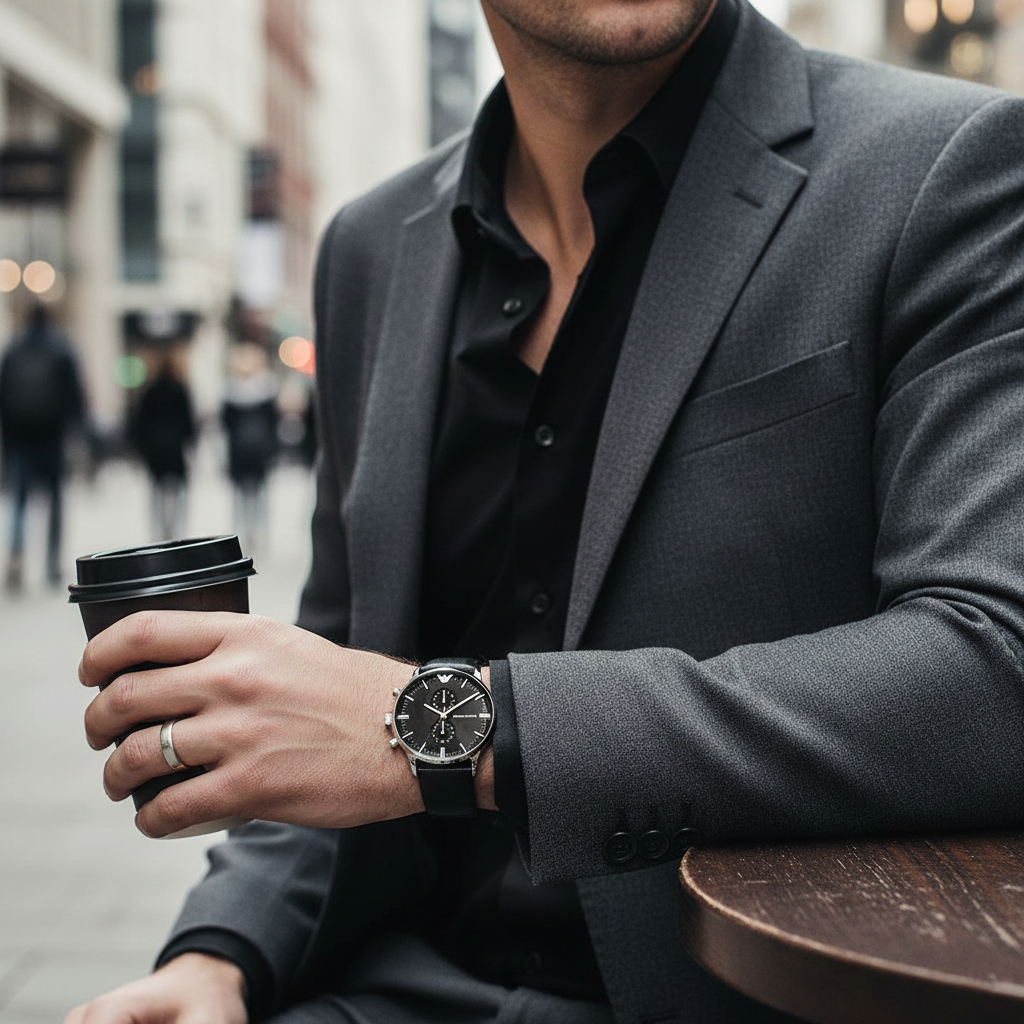 Emporio Armani AR0397 Men’s Black Dial Black Leather Chronograph Watch