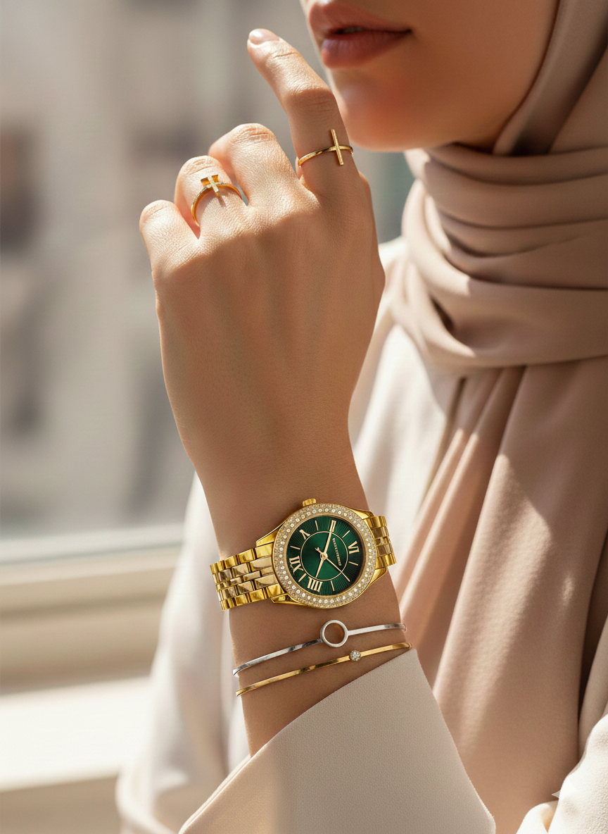 Michael Kors MK4870 Harlowe Women’s Gold Green Dial Crystal Watch