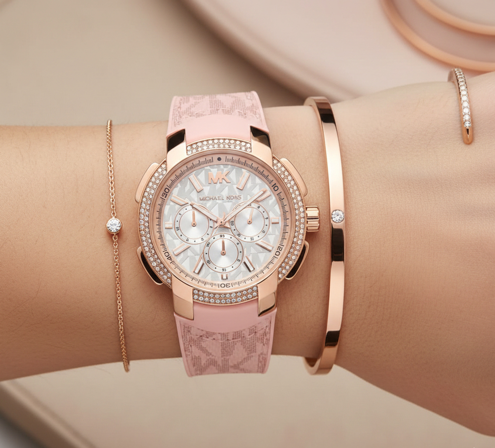 Michael Kors  MK7222 Women’s White Dial Pink Logo Strap Rose Gold Multi-Function Watch