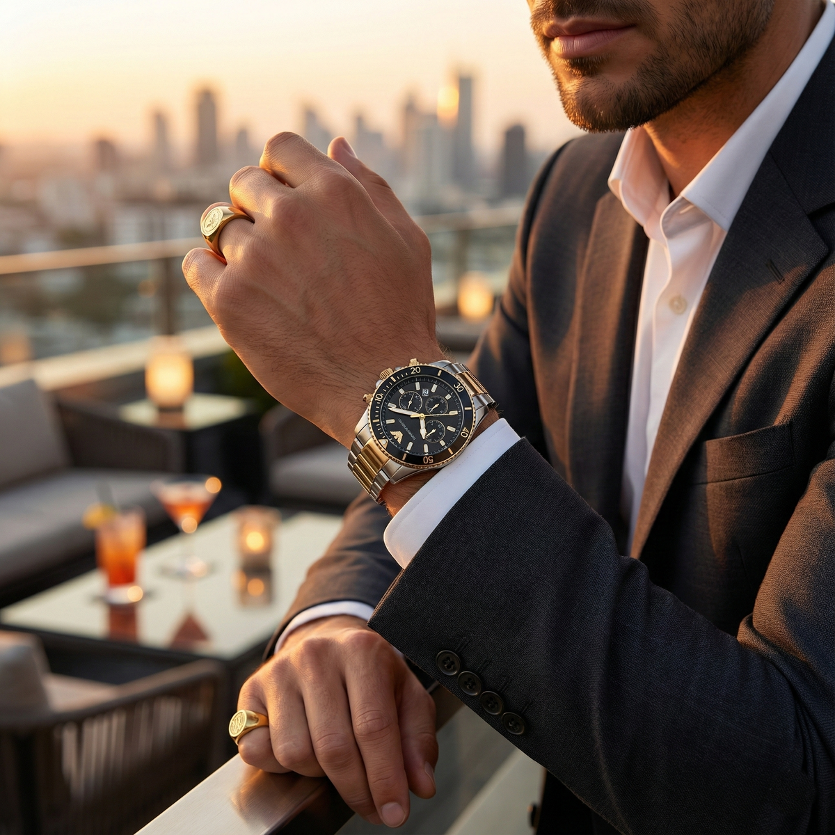 Emporio Armani World Explorer AR11680 Men's Solar Chronograph Black Dial Two-Tone Luxury Watch