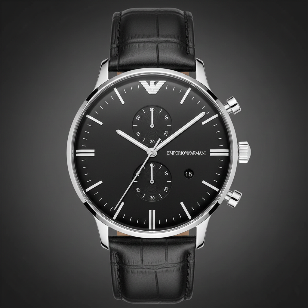 Emporio Armani AR0397 Men’s Black Dial Black Leather Chronograph Watch
