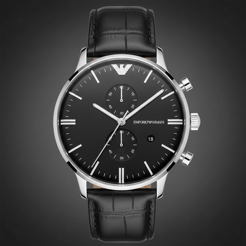 Emporio Armani AR0397 Men’s Black Dial Black Leather Chronograph Watch