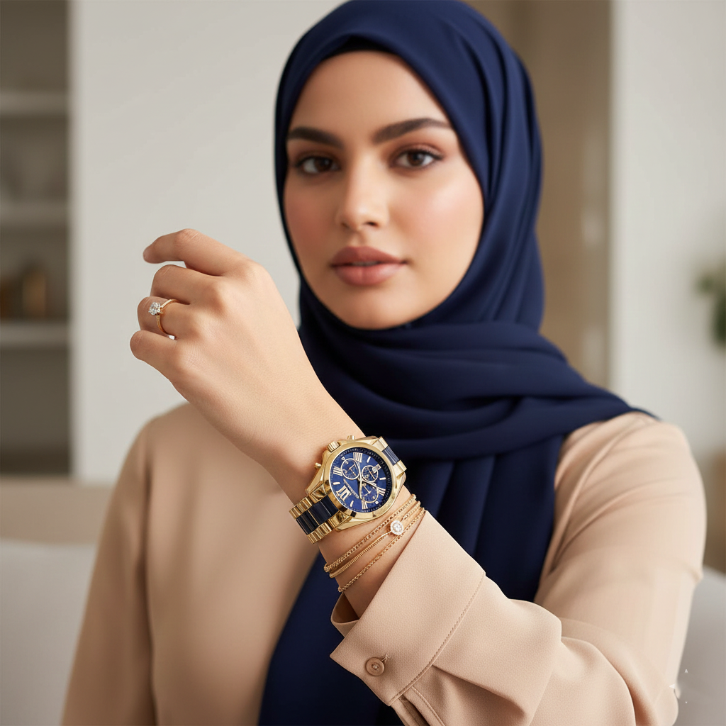 ساعة مايكل كورس MK6268 برادشو كرونوغراف ذهبية من الستانلس ستيل للنساء بمينا أزرق كحلي