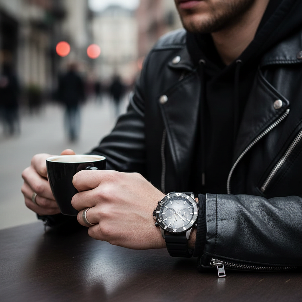 ساعة كرونوغراف Emporio Armani AR11515 للرجال مينا أسود وحزام سيليكون مقاومة للماء