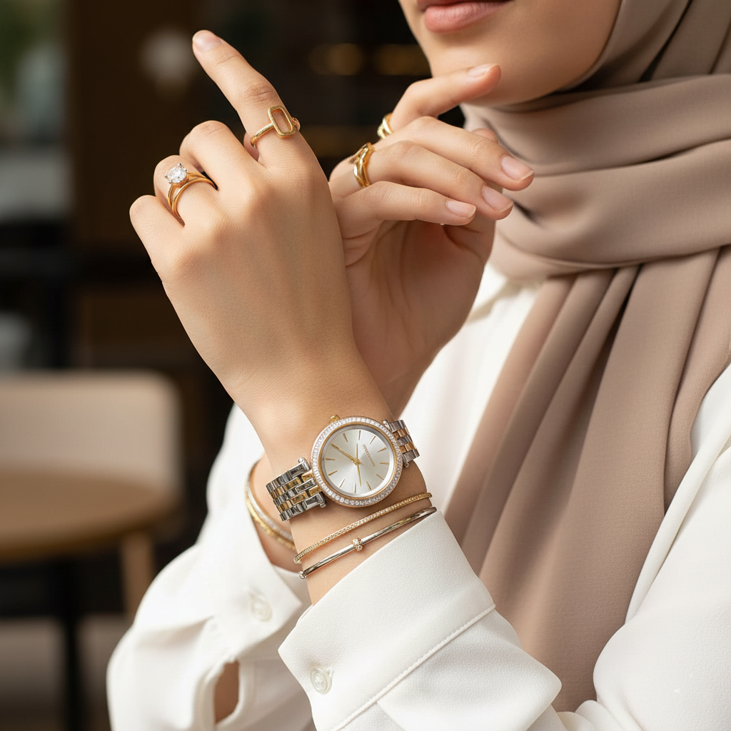 ساعة مايكل كورس MK3405 دارسي ميني نسائية بلونين فضي وذهبي مرصعة بالكريستال