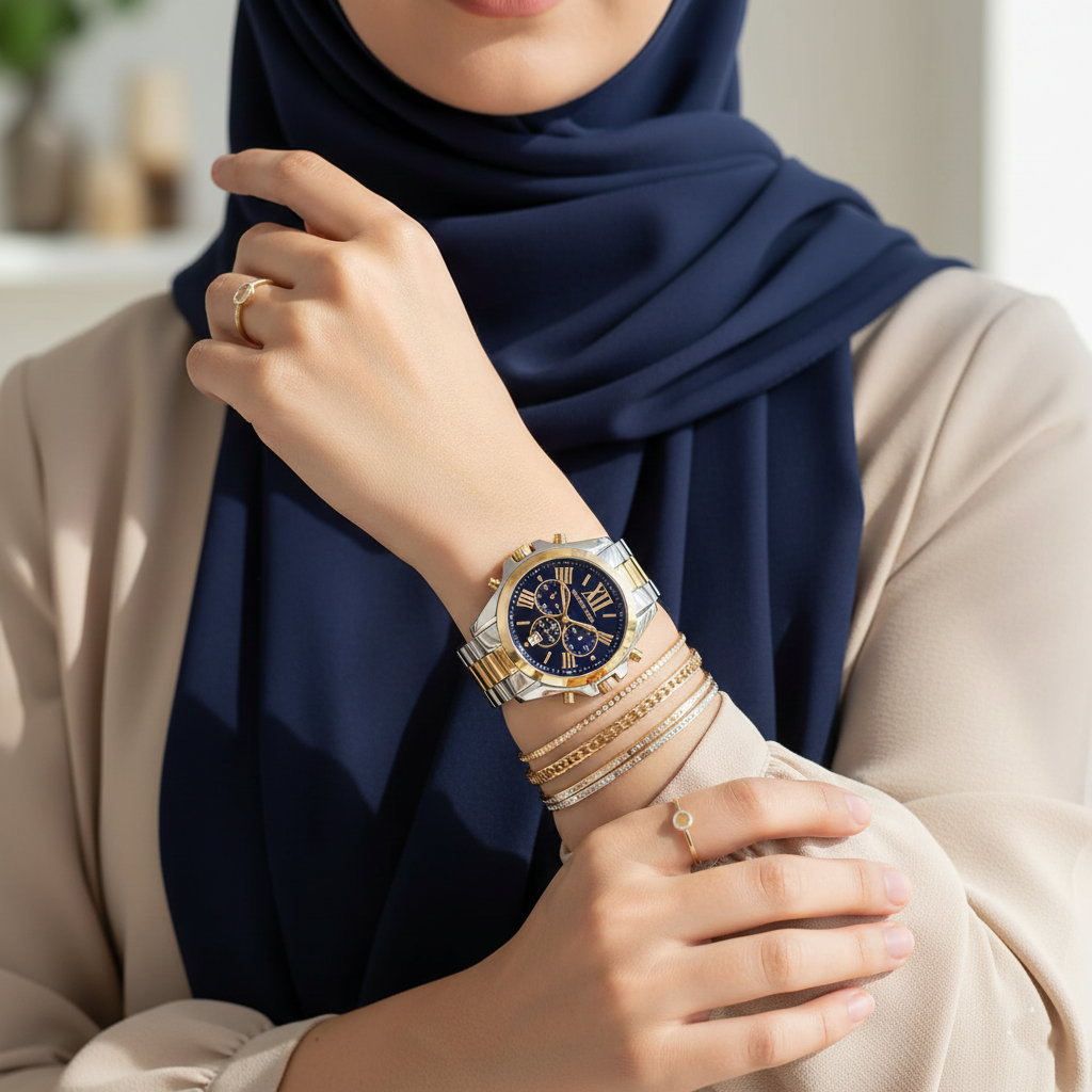 ساعة مايكل كورس MK5976 برادشو كرونوغراف نسائية مينا كحلي ستانلس ستيل بلونين