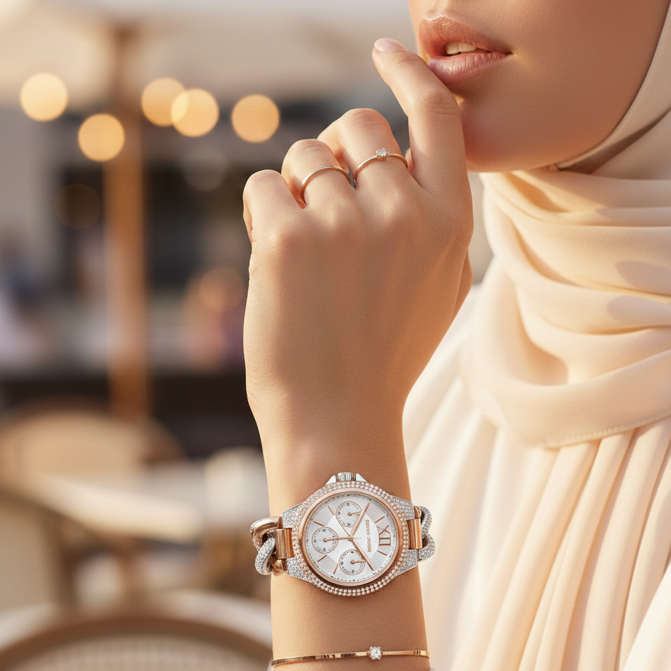 ساعة مايكل كورس MK6842 الذهبية للنساء مينا كاميل كريستال بسلسلة معدنية