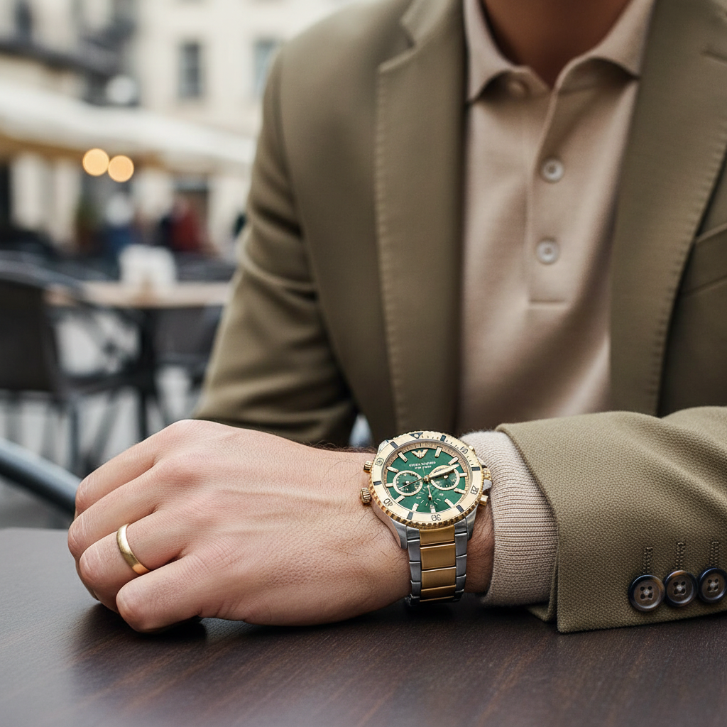 ساعة كرونوغراف Emporio Armani AR11586 للرجال، غواص، مينا أخضر، ستانلس ستيل بلونين