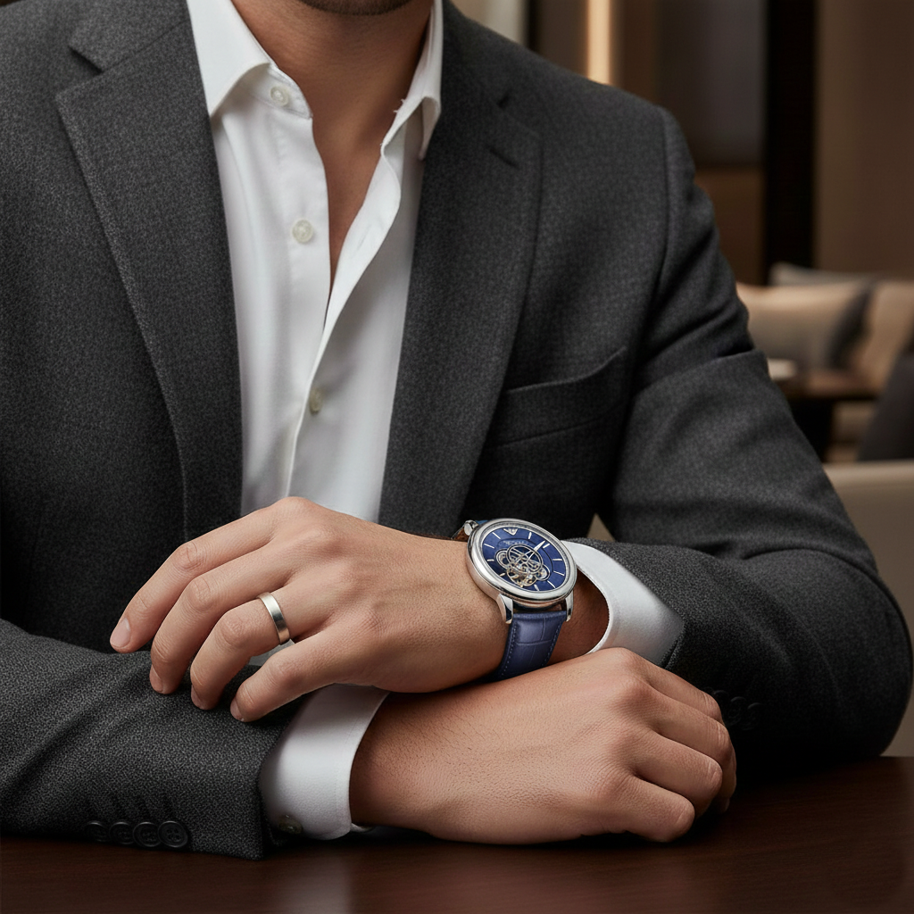 Emporio Armani Luigi AR60011 Meccanico Automatic Open-Heart Blue Leather Watch
