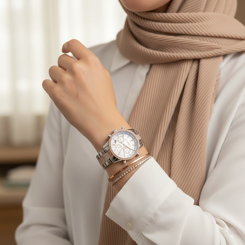 ساعة مايكل كورس ريتز MK6651 كرونوغراف نسائية ميناء فضي من الفولاذ المقاوم للصدأ بلونين