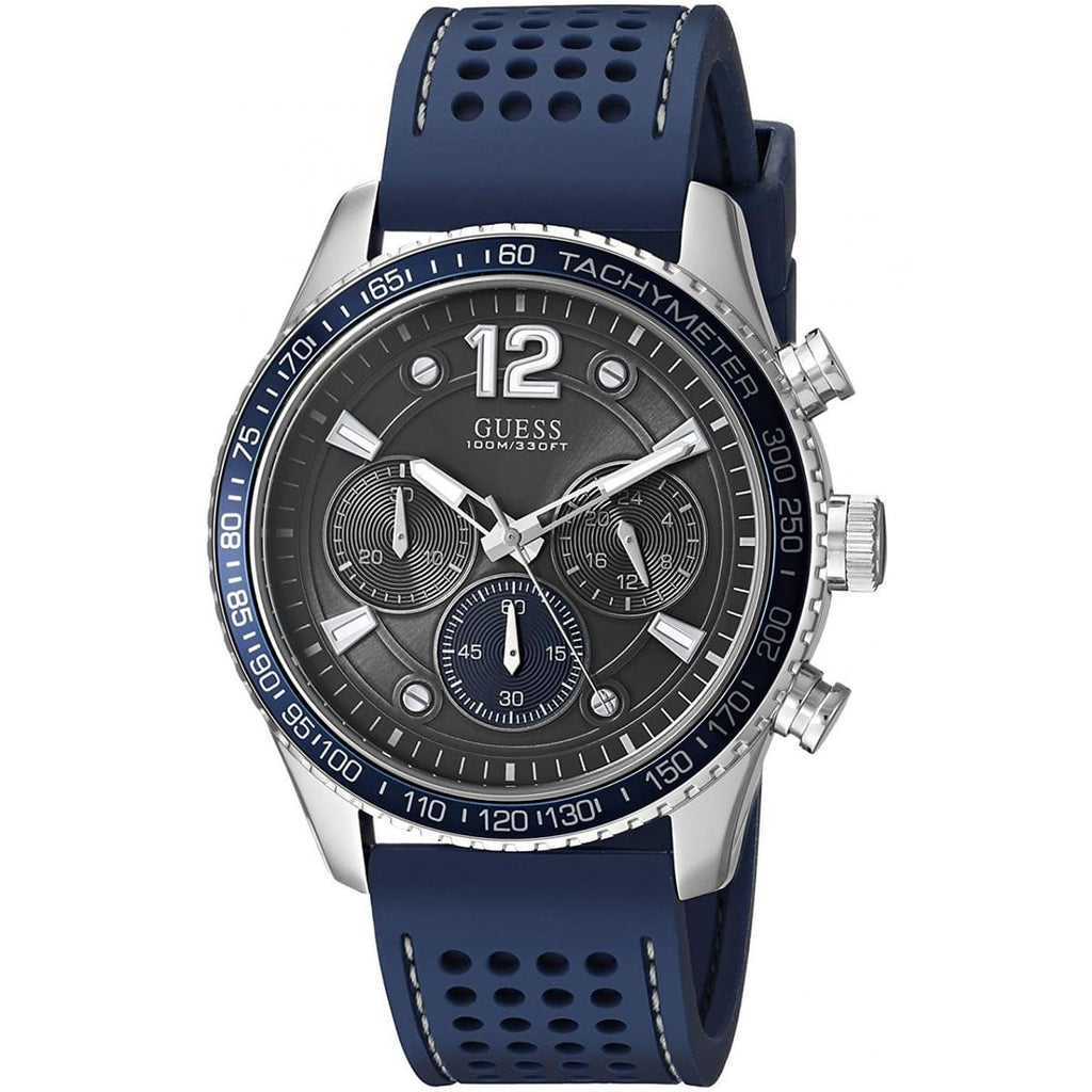 Guess Fleet W0971G2 Silver Case Blue Bezel Rubber Chronograph Watch